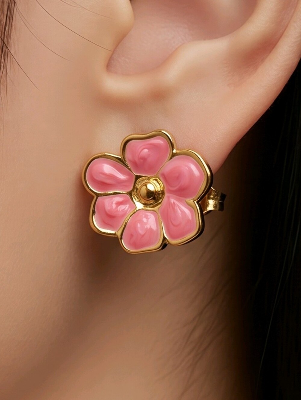Pink Poppy Flower Stud Earrings Gold Stainless Steel Moiré Enamel Feminine Chic